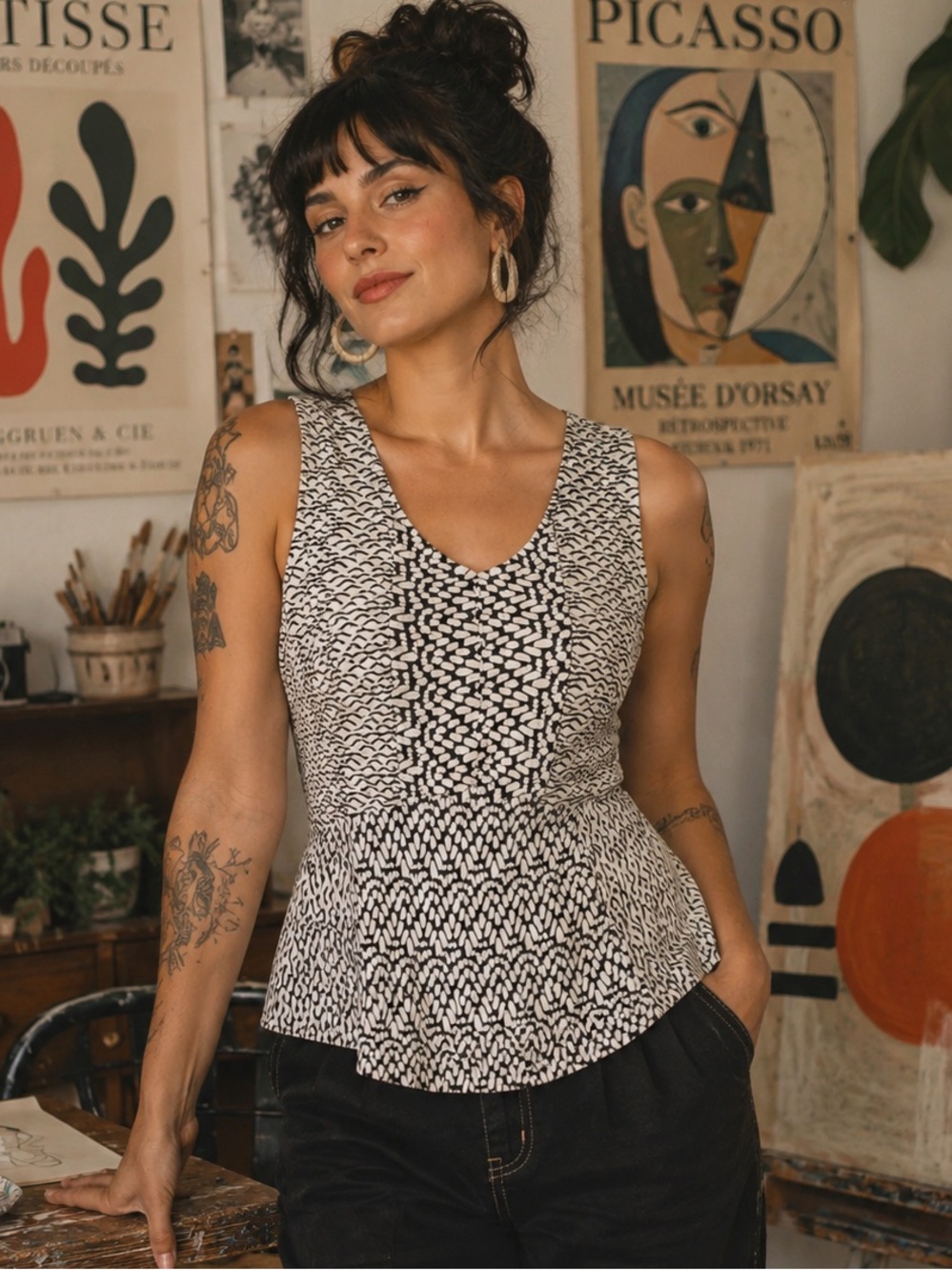 Habitat Textured Black White Artsy Retro Sleeveless Blouse Size S